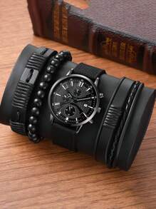 Shein - Men Watch 1pc Men's Black Nylon Strap Casual Industrial Style Round Dial Calendar Pointer Quartz Watch And 3pcs Bracelets Set