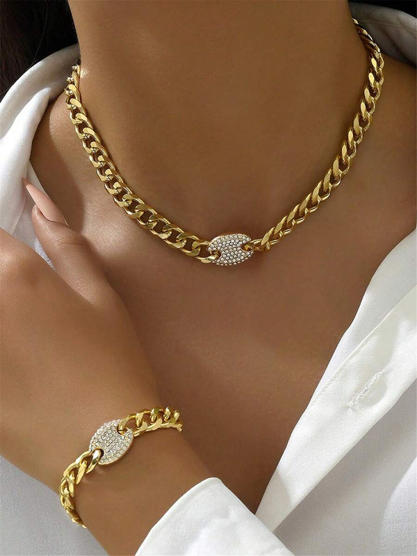 Shein Simple and Elegant Geometric Chain Gold 2 Piece Necklace and Bracelet Set for Women