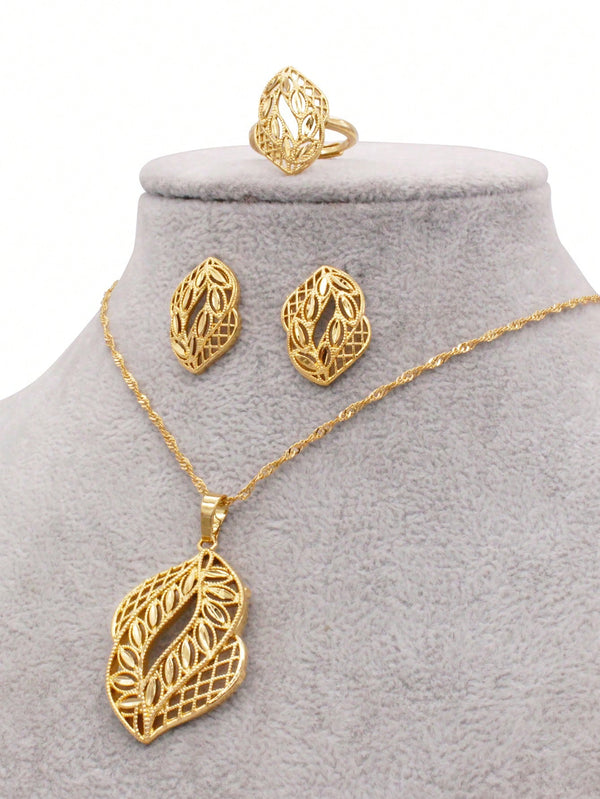 Shein - Gold Plated Jewelry Sets Necklace Pendant Earring Ring Set For Women France Dubai Party Bridal Wedding Wife Gifts