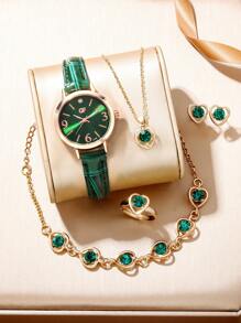 Shein - 1pc Green Watch High Appearance Level Women's Watch Trend Watch+5pcs Green Jewelry Set