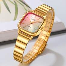 Shein - Skmei Women's Stainless Steel Band Gorgeous Colorful Dial 30m Waterproof Quartz Watch For Business Negotiations