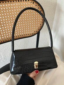 Shein - Black Crocodile Pattern Embossed Women's Bag Pu With Metal Lock Retro Style Shoulder Bag