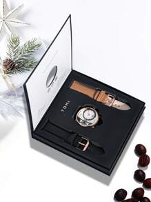 Shein - Tomi Automatic Men's Watch With Rotating Gear & Second-Hand Stepping Feature, Equipped With Replaceable Watch Strap In Gift Box