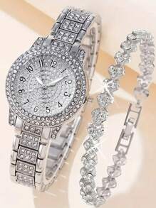 Shein - 1pc Color Scale Personalized Watch And 1pc Rhinestone Bracelet