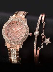 Shein - 1pc Color Scale Personalized Watch And 1pc Rhinestone Bracelet