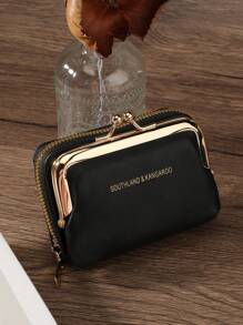 Shein - Black Letter Women Wallets Short Pu Leather Purses Zipper & Hasp Purse