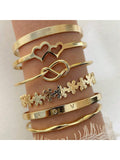 Shein - 6pcs/set Personality Love & Flower & Om & Uppercut Ring Shaped Creative Stainless Steel Bangle, Mideast Gold Color