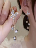 Shein - 1Pair Women'S Full Rhinestone Butterfly & Tassel Dangle Earrings With Simulated Faux Pearl, Versatile Daily Style