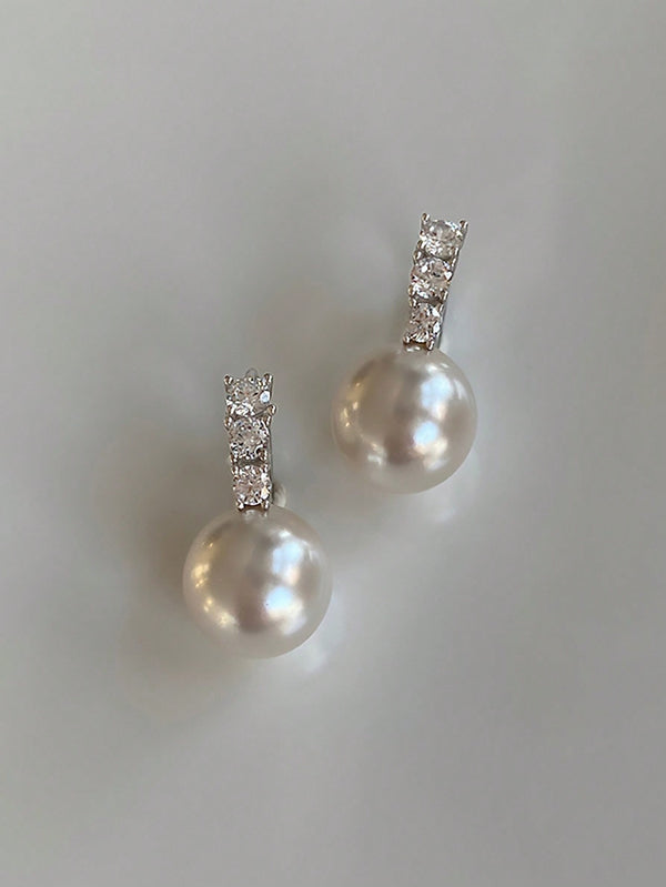 Shein - Faux Pearl & Cubic Zirconia Decor Sterling Silver Earrings