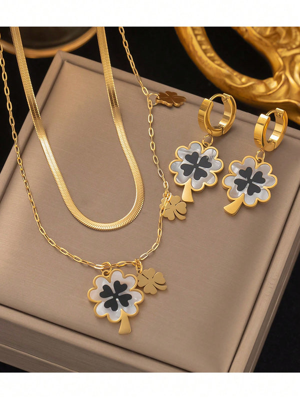 Shein - A Set Of Golden European And American Style Double-Layered Strappy Stainless Steel Fashionable Clover Necklace And Earrings Is Suitable For Daily Activities.