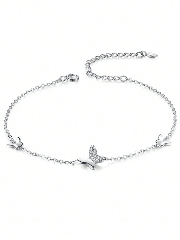 Shein - Cubic Zirconia Butterfly Decor Silver Bracelet