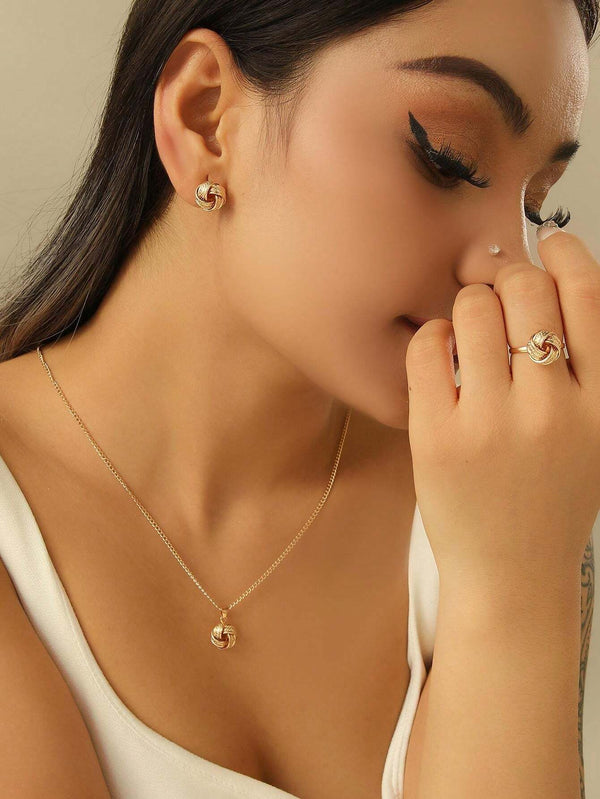 Shein -  1set Hollow Out Knotting 3d Circle Shaped Ring, Earrings And Necklace