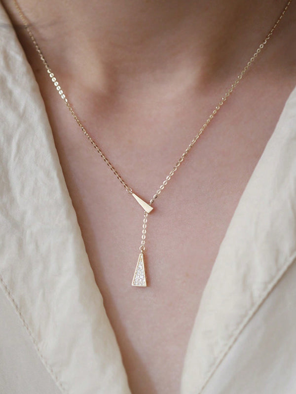 Shein Exclusive - 1pc Offbeat Style 925 Sterling Silver Plated With 14k Gold Triangle Pendant Y-necklace, Adjustable Collarbone Chain Necklace For Women