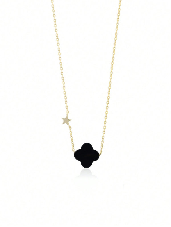 Shein - Natural Black Agate Women's Necklace With 925 Sterling Silver Four-Leaf Clover Pendant, High-End Clavicle Chain