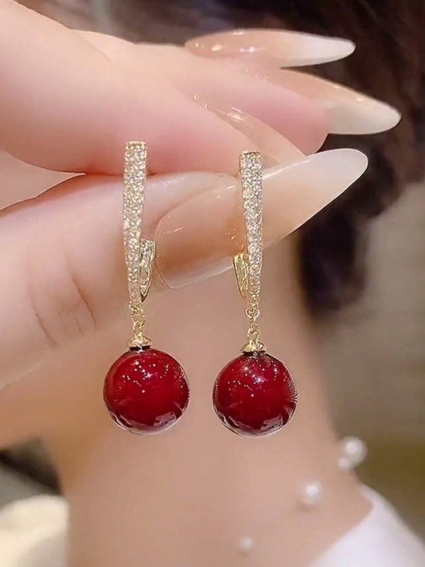 Shein - Design Red Faux Pearl Earrings 925 Silver Needle Inlaid With Rhinestones Exquisite Versatile Earrings High-End Elegant French Pendant Earrings