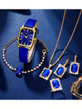 Shein - 6Pcs/Set Women'S Watch Retro Rectangle Pointer Quartz Watch Analog Pu Leather Wrist Watch & Jewelry Set, Gift For Mom Her