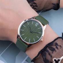 Shein - 1pc Elegant And Stylish Women's Round Wood-Grain Dial Quartz Wristwatch With Leather Strap