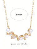 Shein Exclusive - One 925 Sterling Silver Gold-Plated Elegant Necklace Inlaid With Cubic Zirconia And Pearl, Suitable For Festivals And Daily Wear