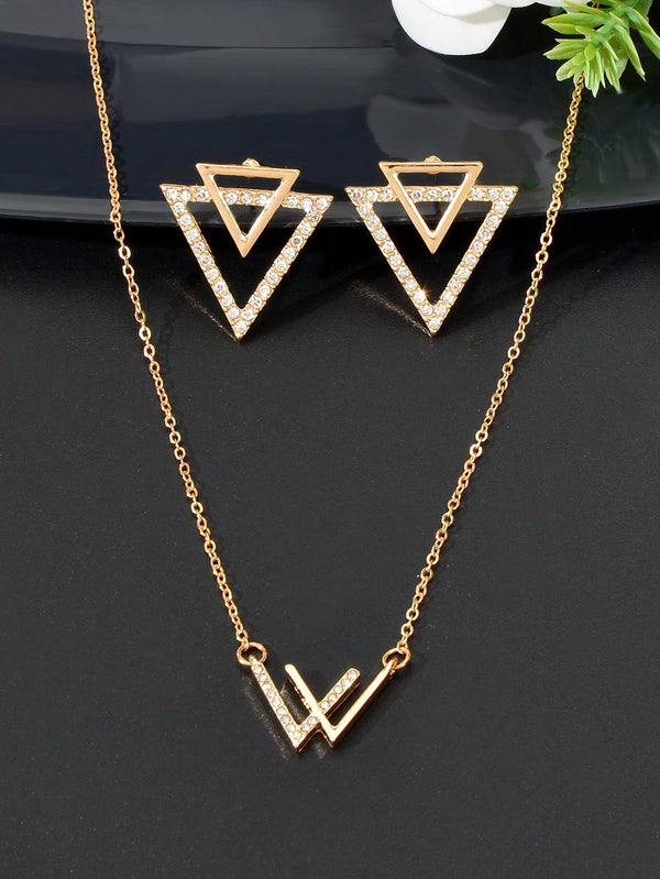 Shein - 3pcs Fashion Jewelry Set Rhinestone Decor Gold Chain Geometric Pendant Necklace Triangle Stud Earrings For Party