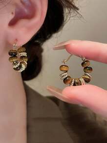 Shein - 1pair Handmade Beaded Earrings With Tiger Eye Stone And Electroplating