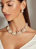 Shein 3pcs luxury rhinestone imitation pearl hoop necklace earrings wedding dinner jewelry set