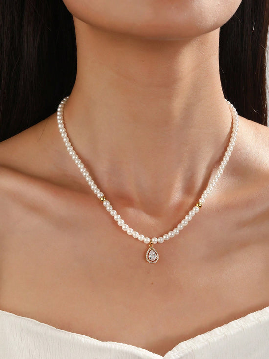 Shein Exclusive -  One Piece Of S925 Sterling Silver Cubic Zirconia And Faux Pearl Decorated Daily/Evening Wear Necklace For Women, Fashionable And Luxurious Women's Jewelry Gift