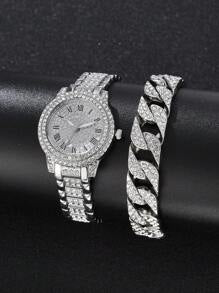 Shein - 2pcs Ladies Watch Women's Full Rhinestone Alloy Quartz Wrist Watch With Rhinestone Decorated Stainless Steel Bracelet