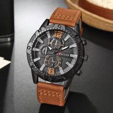 Shein - 1pc Men's Fashionable Personality Numeric Striped Mixed Scale Business Style Leather Strap Quartz Wristwatch