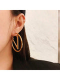 Shein - 1/2 Pairs V Letter Hoop Earrings For Women Stainless Steel Earrings Punk Round Ear Jewelry Gift