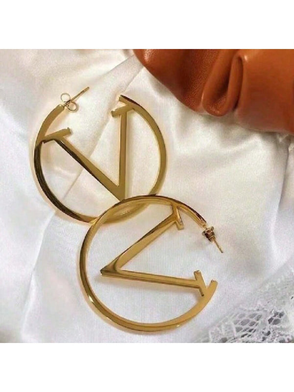 Shein - 1/2 Pairs V Letter Hoop Earrings For Women Stainless Steel Earrings Punk Round Ear Jewelry Gift