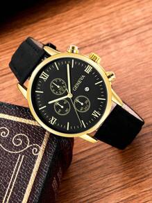 Shein - Men Watch 1pc Men's Black Pu Strap Gold Dial Calendar Fashion Quartz Watch Watch For Men Father's Day Gifts