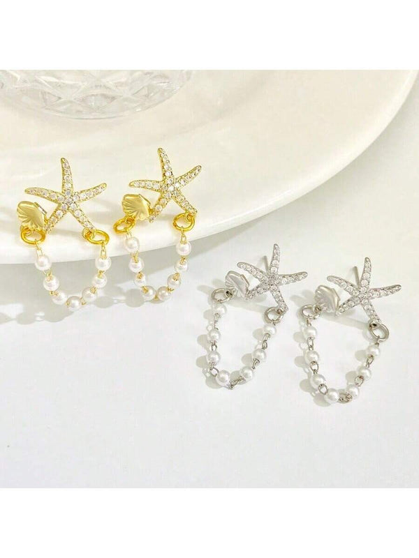 Shein - 1pair Women's Earrings, Dangle Style, Imitation Pearl, Starfish & Shell Design, Casual Beach Vacation Style