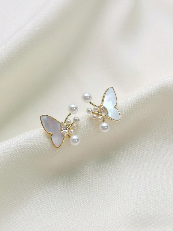 Shein Exclusive - 1pair Original Fashionable Cz & S925 Silver & Artificial Faux Pearl Half-Butterfly Decor Stud Earrings Suitable For Women's Daily Wear With Gift Box