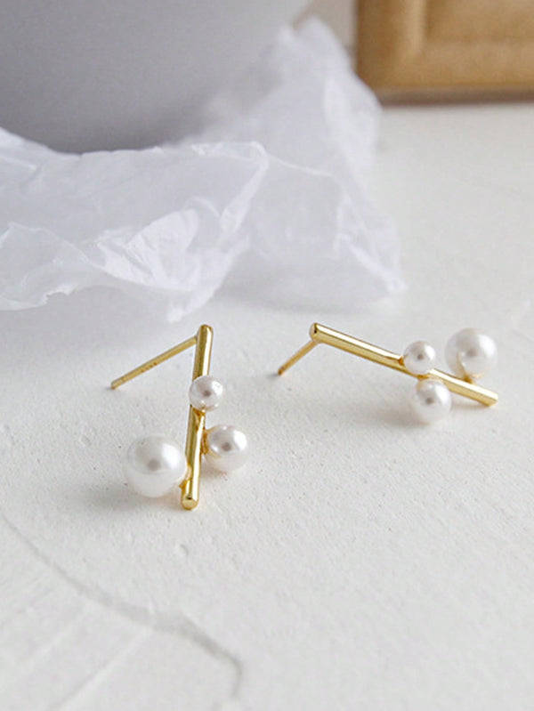 Shein - 1pc 925 Sterling Silver Geometric Shape Pearl Stud Earrings, Minimalist Style And Elegant. Perfect For Mother's Day Celebration