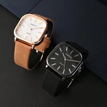 Shein - 2pcs Fashionable Square Shaped Couple Quartz Watch With Leather Strap, Suitable For Daily Wear