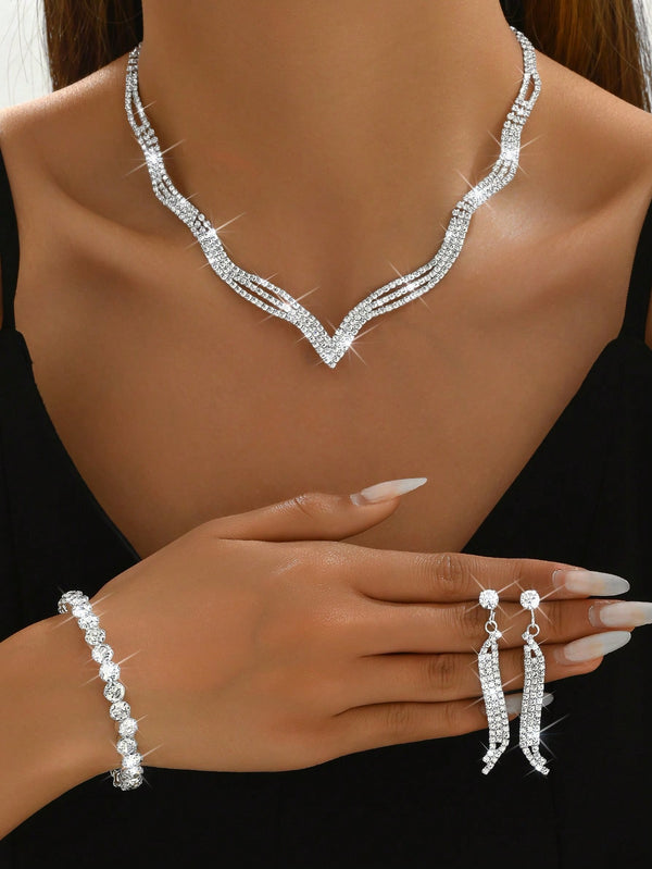 Shein - European And American Fashion Bridal Wedding Jewelry Set, Including Necklace, Earrings, Bracelet And Ring With Rhinestone For Women