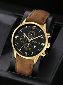 Shein - Men Watch 1pc Men's Fashionable Quartz Watch With Brown Pu Strap And Calendar Display Watch