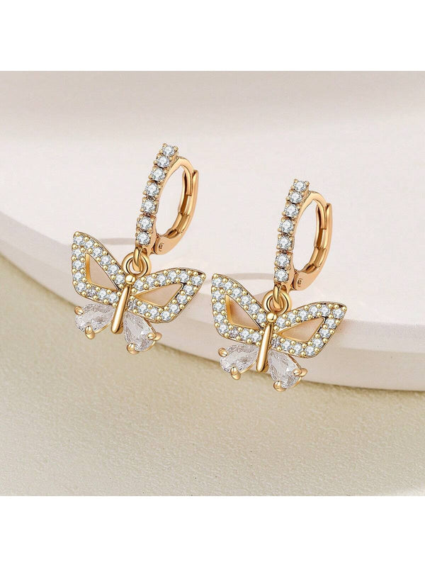 Shein - 1pair Fashionable & Elegant & Luxury Bow & Micro Inlay Cubic Zirconia Pendant Earrings For Women, Great For Holiday Party