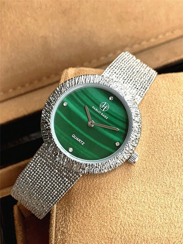 Shein - 1pc Ladies Watch Gold Watch Ladies' Adorable Pink Wrist Watch, Silver Stainless Steel Case, Rhinestone Hour Markers, Minimalist Style Green