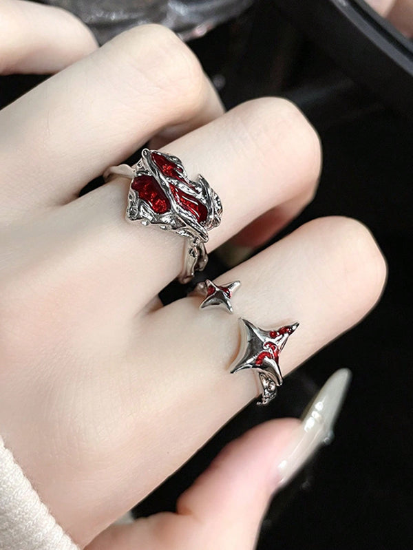 Shein - 2Pcs European And American Style Personality Alloy Crisscross Heart Shaped Red Cubic Zirconia Thorn Open Ring For Women Party Gift