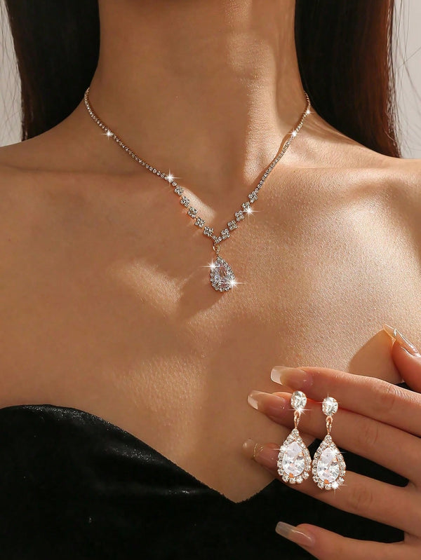 Shein - 3 Piece Crystal & Cubic Zirconia Teardrop Necklace And Earrings Set For Evening Party And Bridal