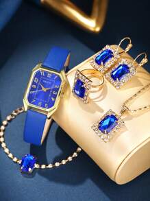 Shein - 1pc Vintage & Elegant Rhinestone Decorated Long Rectangle Quartz Watch And Jewelry Set (5pcs),