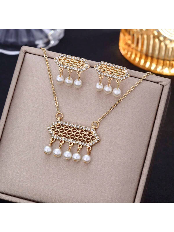 Shein - 3Pcs/Set Hexagonal Hollow Out Mesh & Rhinestone Decor Jewelry Set Including Earrings And Necklace