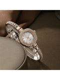 Shein - 4-Piece Set Fashionable Ladies" Rose Gold Plated Diamond Studded Pearl-Shaped Quartz Watc