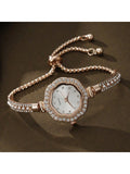 Shein - 4-Piece Set Fashionable Ladies" Rose Gold Plated Diamond Studded Pearl-Shaped Quartz Watc