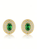 Shein Exclusive -  Set Of Handmade Green Oval-Cut Zirconia Set (Ring, Earrings, Necklace) In S925 Sterling Silver, Retro Style Jewelry Suitable For Women.