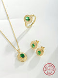 Shein Exclusive -  Set Of Handmade Green Oval-Cut Zirconia Set (Ring, Earrings, Necklace) In S925 Sterling Silver, Retro Style Jewelry Suitable For Women.