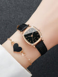 Shein - 2Pcs Women Personality Watch Set: Black Pu Leather Strap Fashion Square Dial Quartz Watch   Heart Shaped Chain Bracelet, Suitable For Daily Wear, Birthday, Valentine Day Gift