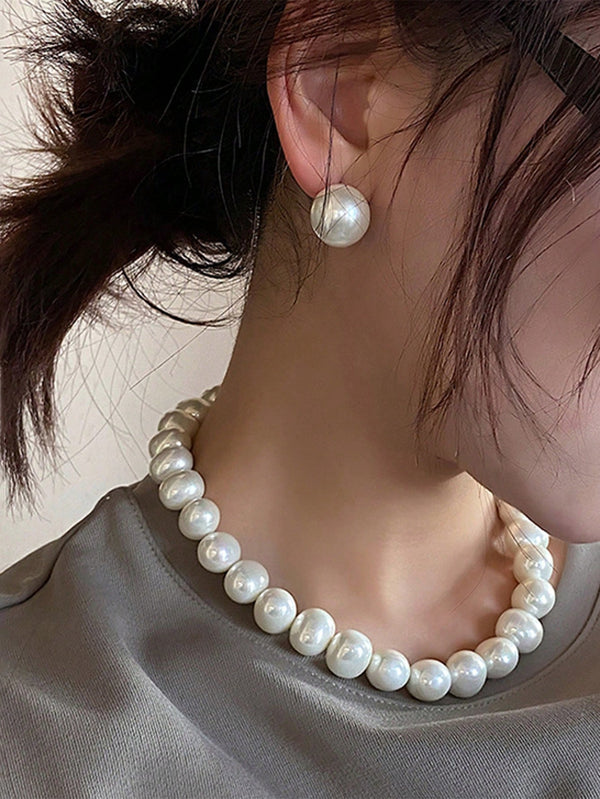 Shein - 1Set Fashion French Style Simple Faux Pearl Earrings Necklace Set For Women