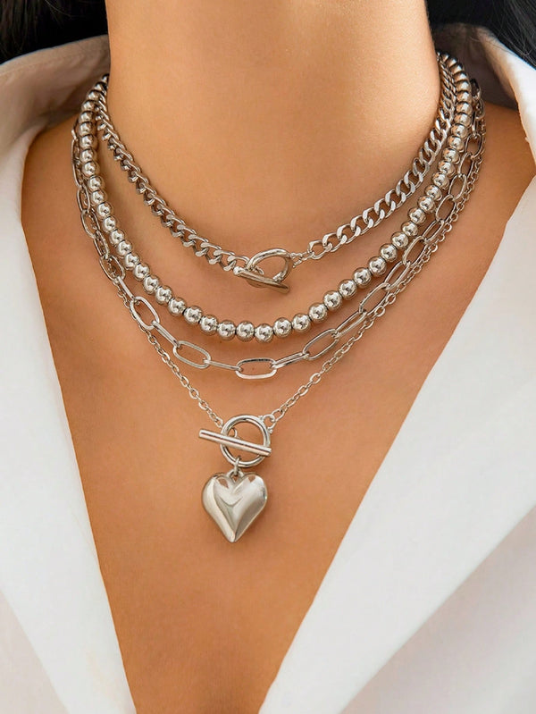 Shein - 4Pcs Vintage Necklaces, Love Heart Pendant Necklace Zinc Alloy Neck Chain, Simple Ot Clavicle Necklace For Women